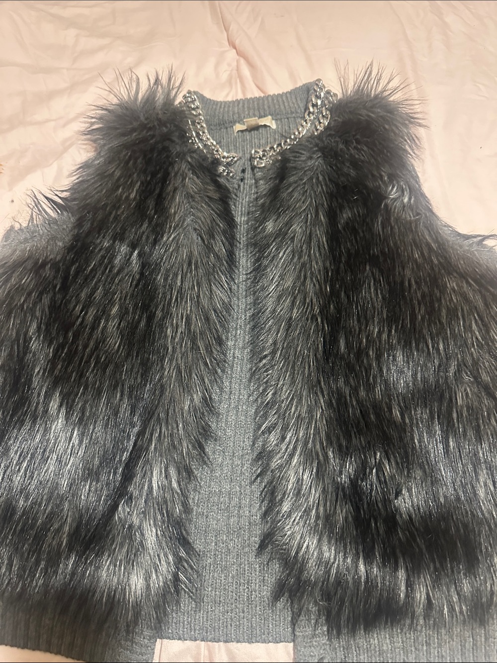 MICHAEL Michael Kors Gray Faux Fur Trim Vest with Chain Detail